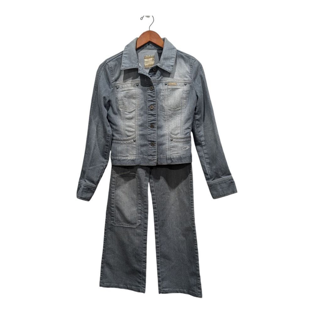 Vintage Lady Enyce Distressed Denim Jacket 90s Y2K Bootcut Jean Suit Set, M/28